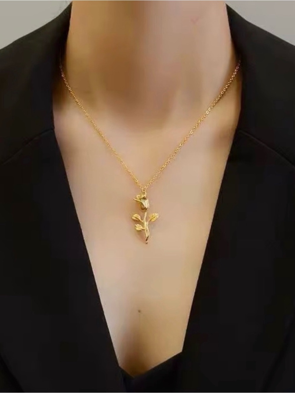 Gold Plated Rose Pendant Necklace Stainless Steel - Picture 5 of 5